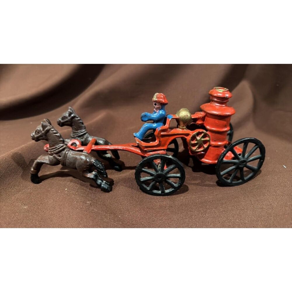 Vintage Cast Iron Horse Drawn Fire Truck Toy Red and Black Brown